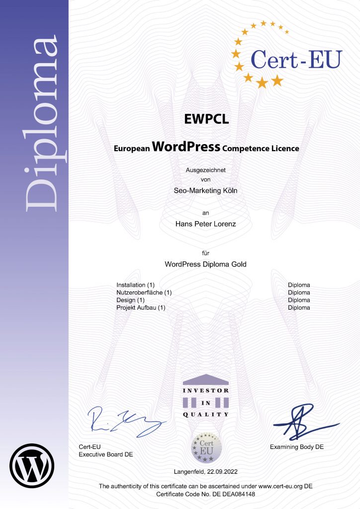 2022-09-22 - EWPCL Zertifikat - Wordpress Anfänger HPLorenz_certificates_2022-09-22