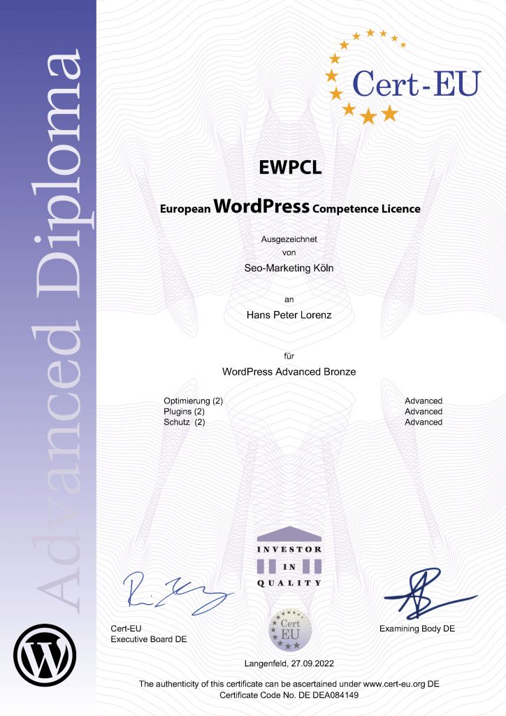 2022-09-27 - EWPCL Zertifikat - Wordpress Fortgeschrittene - HPLorenz_certificates_2022-09-27