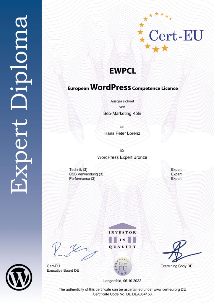 2022-10-04 - EWPCL Zertifikat - Wordpress Experte - 20221006_Certificate_Lorenz_DEA084150